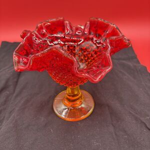 Vintage Fenton Amberina Hobnail Ruffled Edge Pedestal Candy Dish
